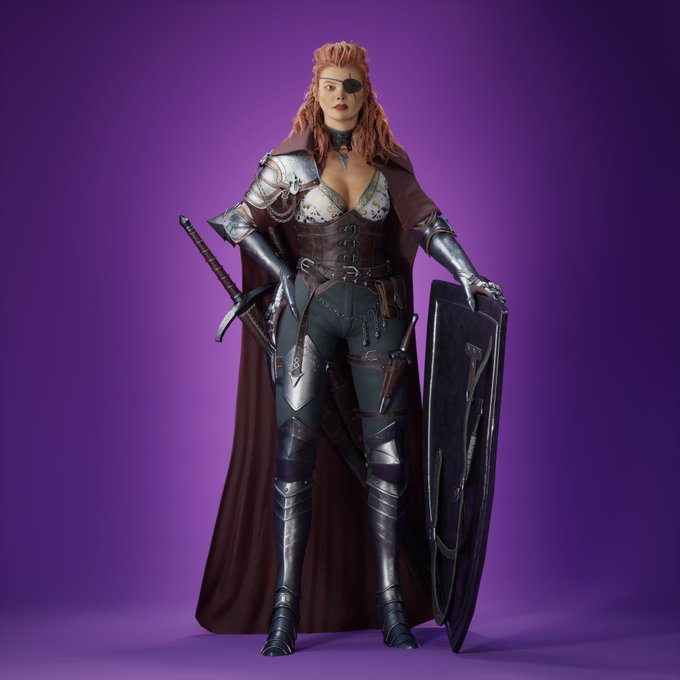 A woman with red braided hair and an eyepatch poses in detailed medieval-style armor with a sword and shield against a purple background.