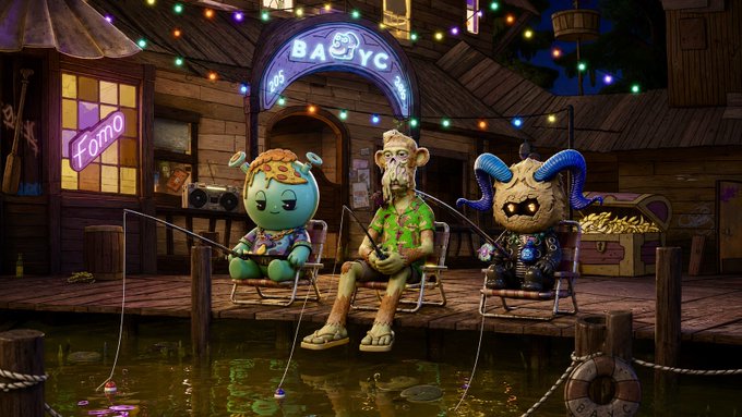 Three whimsical, handcrafted cartoon figures—a green alien-like creature, a bearded adventurer, and a horned beast—fish off a wooden dock beneath a neon "BAYC" sign and string lights, with a chest of treasure nearby. The scene captures the playful spirit of NFT culture, fitting the poster's excitement about attending ApeFest and NFT NYC.