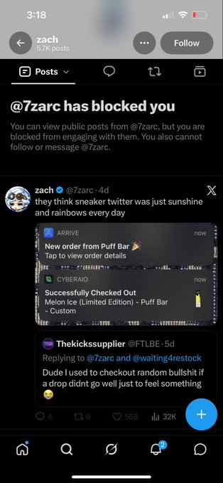 A mobile screenshot shows an Instagram profile for "zach" (@7zarc) with a notice that "@7zarc has blocked you." Visible posts reference a $70M dispute involving "CYBERAIO" and "Thekickssupplier," where users accused zach of stealing funds and using checkout bugs to manipulate a limited-edition "Melon Ice (Limited Edition) – Puff Bar" drop, with 566 likes and 32K views on the controversy thread.
