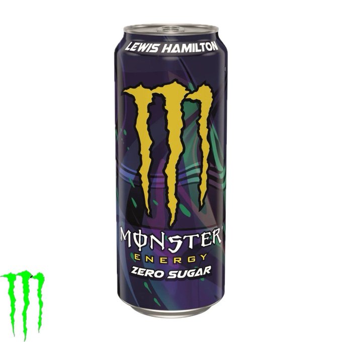 A can of Monster Energy Zero Sugar in the special Lewis Hamilton edition design, featuring the iconic green "M" claw logo, purple and green racing-inspired graphics, and "LEWIS HAMILTON" printed at the top, with the green Monster logo also shown beside it.