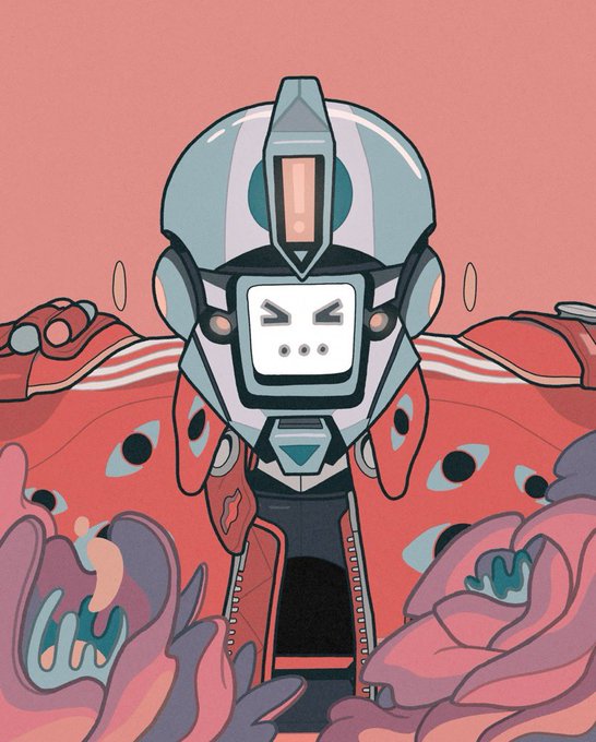 A stylized cartoon illustration of a character wearing a futuristic gray helmet and a red jacket, surrounded by swirling colorful patterns.