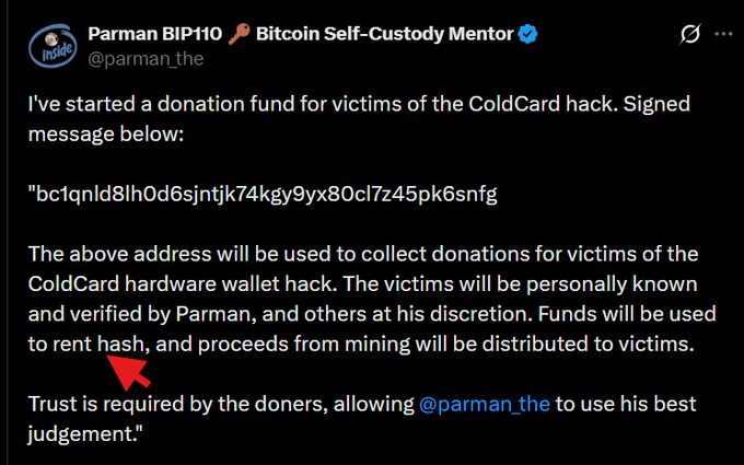 A tweet from Parman BIP110 (@parman_the), Bitcoin Self-Custody Mentor, announcing a donation fund for victims of the ColdCard hack with a signed Bitcoin address for contributions.