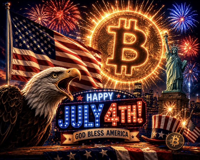 A festive Fourth of July-themed graphic featuring a bald eagle, American flag, Statue of Liberty, fireworks, a glowing Bitcoin emblem, and a "HAPPY JULY 4TH! GOD BLESS AMERICA" marquee sign, accompanied by a Bitcoin coin and Uncle Sam hat. The image celebrates Bitcoin's historical price milestones on Independence Day from 2013 ($80) through 2026 ($62,500), with the bold visuals emphasizing patriotism and the enduring "HODL" spirit of American crypto holders.