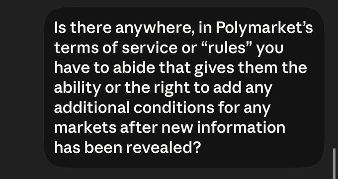 The image shows an email message with black text against a white background, discussing terms of service or rules related to Polymarket's "service" or "rules". The message also contains questions about additional conditions for any markets after new information has been revealed.