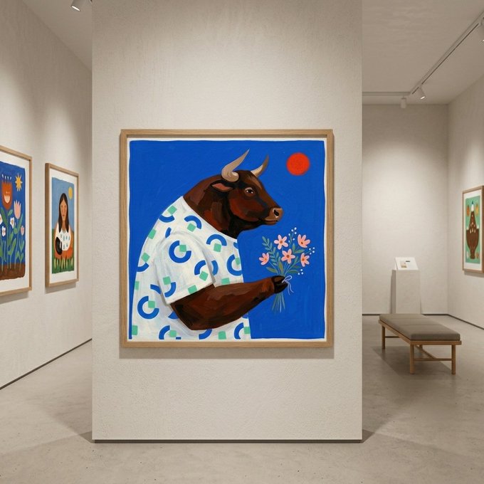 A gallery painting depicting a brown bull in a white patterned shirt holding a bouquet of flowers against a blue background with a red sun.