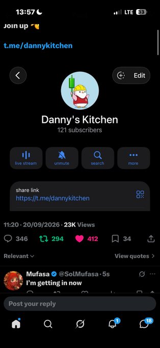 A screenshot of a Telegram channel page titled 'Danny's Kitchen' with 121 subscribers, showing a post from 'Mufasa' (@SolMufasa) that says 'I'm getting in now'.