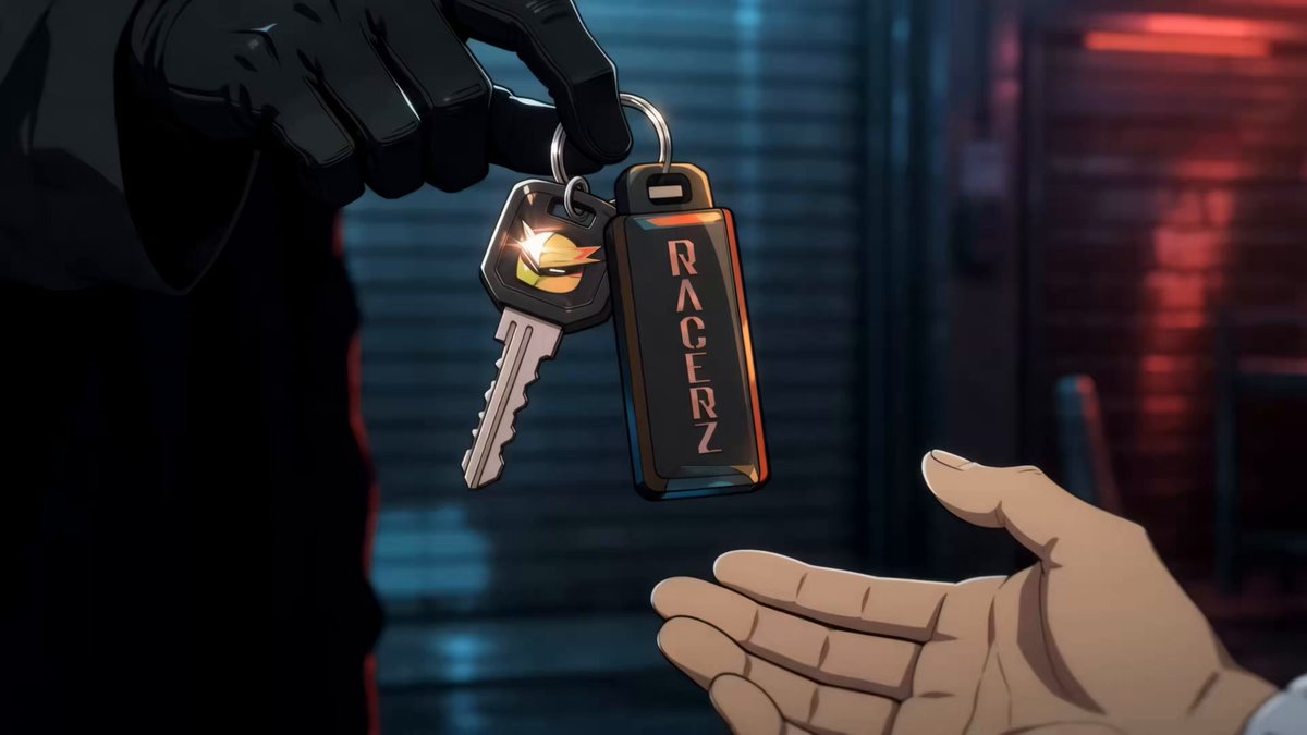 The image shows a person holding a keychain with a "Racerz" key attached, which has the word "Racing" written on it. The person is handing over the keychain to another individual who is holding out their hand towards the keychain.