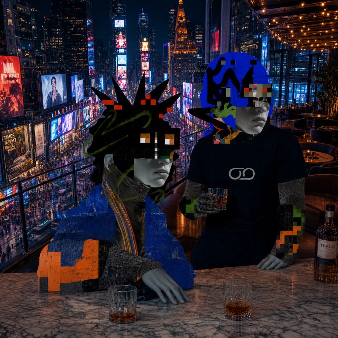 A surreal, mixed-media image showing two figures in pixelated/blocky clothing and sunglasses holding drinks at a bar overlooking a neon-lit Times Square, with a 'TIMES SQUARE' bottle visible.