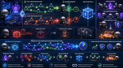 A dark dashboard interface displaying various colorful glowing icons, charts, and a central cube graphic.