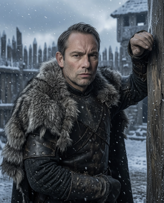 A man with dark hair wearing a fur-trimmed leather cloak stands in a snowy setting, leaning against a wooden post with a stern expression.
