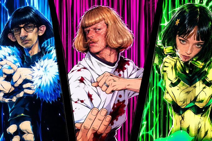 Stylized anime/manga illustration of three characters with distinct colored backgrounds (blue, pink, green) in dynamic poses.