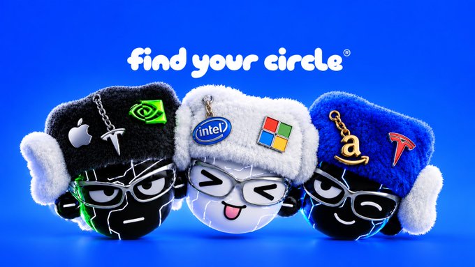 Three plush ball characters wearing fuzzy winter hats display tech company logos including Apple, NVIDIA, Tesla, Intel, Microsoft, Chanel, and SpaceX, with the text 'find your circle®' at the top against a blue background.