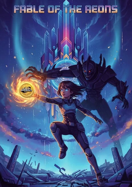 The image features a poster for the video game "Fable of the Aeons" with two characters, one male and one female, standing next to each other holding a golden orb. The female character has her arms outstretched as if she is about to take flight or reach for something in the air. The background of the poster shows a blue sky filled with clouds and buildings scattered throughout the scene. The title "Fable of the Aeons" is prominently displayed at the top, and the characters' positions relative to each other suggest they are facing off against an opponent.