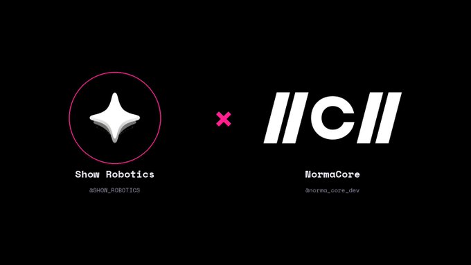 A black graphic displays a collaboration logo with 'Show Robotics' (@SHOW_ROBOTICS) and 'NormaCore' (@norma_core_dev) separated by a pink 'x'.