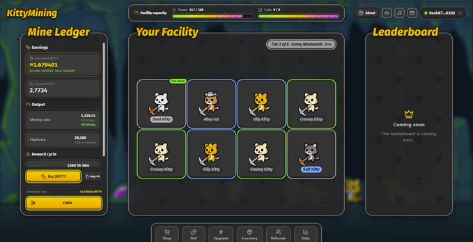 The image shows the KittyMining dashboard displaying a "Mine Ledger" with earnings of $1,579,401 and an output of 1,329.45 coins, alongside a "Your Facility" section showing eight colorful cat miners, and a "Leaderboard" marked "Coming soon." This screenshot aligns with the post's claim of profiting from a crypto mining game, as it visually demonstrates the type of returns being advertised.