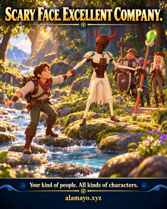 A colorful fantasy-style digital artwork titled "Scary Face, Excellent Company." features a diverse group of adventurers, including a horned figure and an archer, in a lush, sunlit forest setting with a stream.
