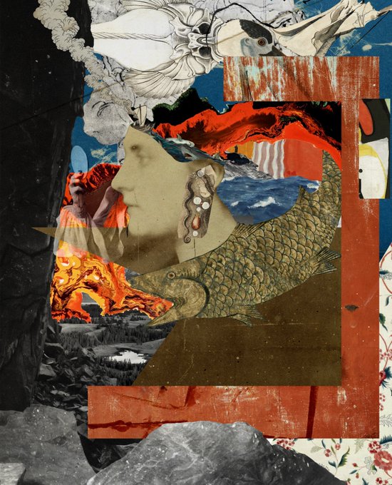 A vibrant surrealist collage combining classical illustrations, a woman's profile, a large fish, molten lava-like textures, and floral patterns, framed by weathered red wooden borders.