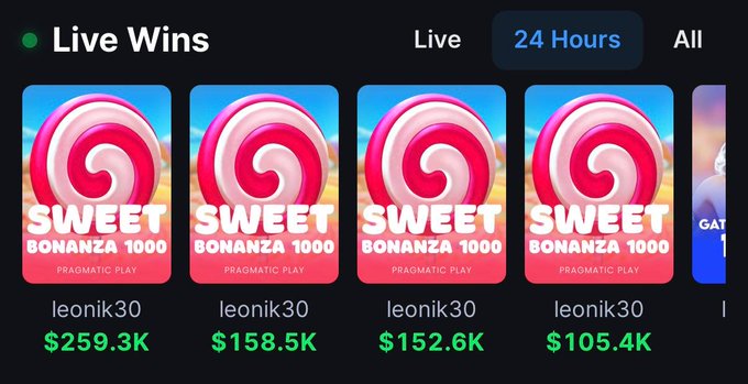 A "Live Wins" feed shows user leonik30 dominating with multiple Sweet Bonanza 1000 wins totaling over $670K in 24 hours—including $259.3K, $158.5K, $152.6K, and $105.4K payouts from Pragmatic Play—highlighting real player earnings ahead of the $4,000,000 MetaWin airdrop.