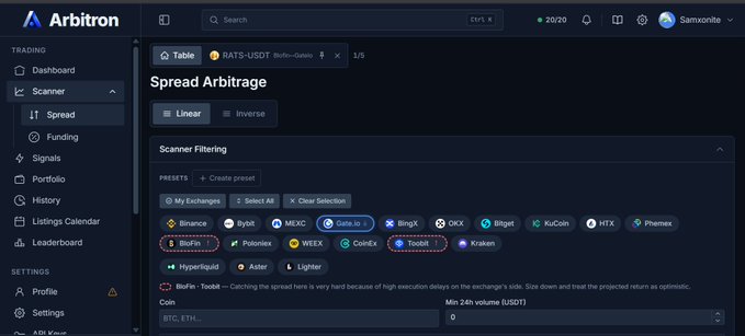 Arbitron trading platform showing a Spread Arbitrage scanner for RATS-USDT (RATS), with exchange filters highlighting BingX, Toobit, and Binance selected.