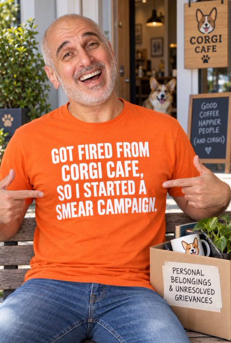 A smiling bald man in an orange t-shirt reading 'GOT FIRED FROM CORGI CAFE, SO I STARTED A SMEAR CAMPAIGN' points at the text while sitting next to a cardboard box labeled 'PERSONAL BELONGINGS & UNRESOLVED GRIEVANCES', in front of a 'CORGI CAFE' sign.