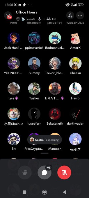 A Discord voice channel called 'Office Hours' with 136 members, showing various user avatars including Jack Han, pplmaverick, Bodmanuel..., AmorX, YOUNGS..., Summy, Trevor, Cheeku, luss, Tusher, KЯΛT, Hasib, and others, with notification 'Castro is speaking' at the bottom.