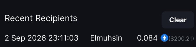 A screenshot of a "Recent Recipients" list showing a transfer of 0.084 ETH ($200.21) sent to "Elmuhsin" on 2 Sep 2026 at 23:11:03, with a "Clear" button visible. This appears to document the $200 MetaWin win payout mentioned in the accompanying post congratulating @Creedxbt.