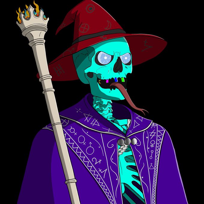 A cartoon illustration of a skeleton character with a red wizard hat and purple cloak, featuring a long tongue sticking out and holding a staff.