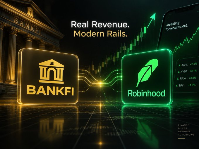 A futuristic graphic titled "Real Revenue. Modern Rails." shows a golden "BANKFI" bank icon connected by glowing circuits to a green "Robinhood" leaf icon, with a stock chart and phone displaying rising AAPL, NVDA, TSLA, and SPY percentages.
