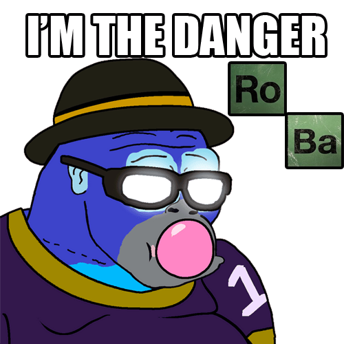 A cartoon meme image of a blue, bearded character wearing a hat and glasses, blowing a pink bubblegum bubble. The text above reads 'I'M THE DANGER' in a Breaking Bad-style font, with periodic table element tiles for 'Ro' and 'Ba' to the right.