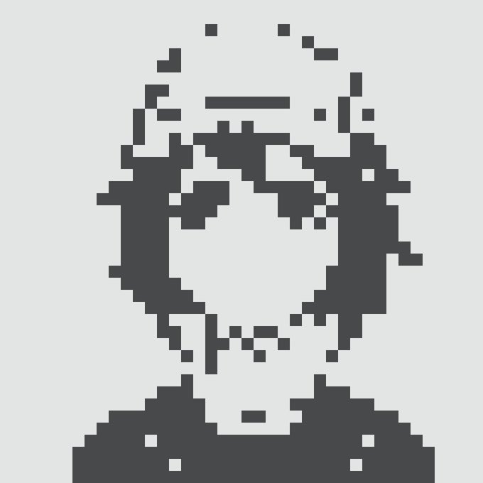 A pixel art style portrait of a person wearing sunglasses and a collared shirt in black and white.