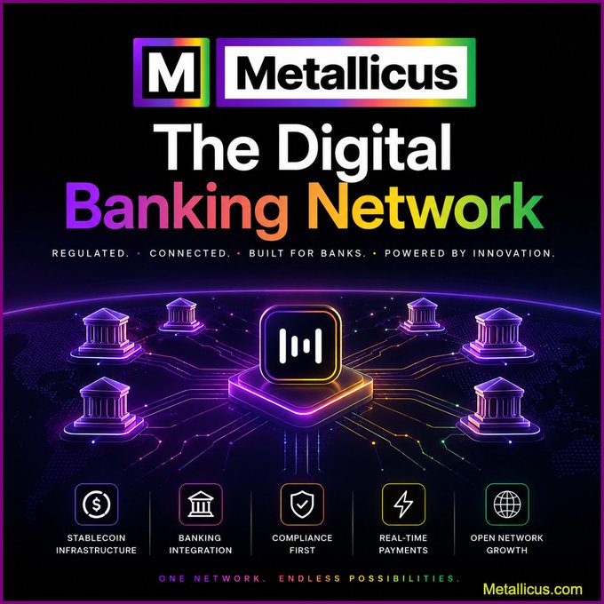 The image features a colorful poster with a purple background, displaying various icons related to digital banking networks. The poster includes text that reads "M Metallicus - The Digital Banking Network" and "Regulatory clarity changes everything. No CBDC. Clear rules for digital assets. Bring crypto innovation back onshore. That direction could open the door for compliant blockchain infrastructure providers already building for banks and credit unions". This message emphasizes the importance of understanding and adapting to regulatory changes in the digital banking industry, as well as the potential benefits of incorporating blockchain technology into existing systems.