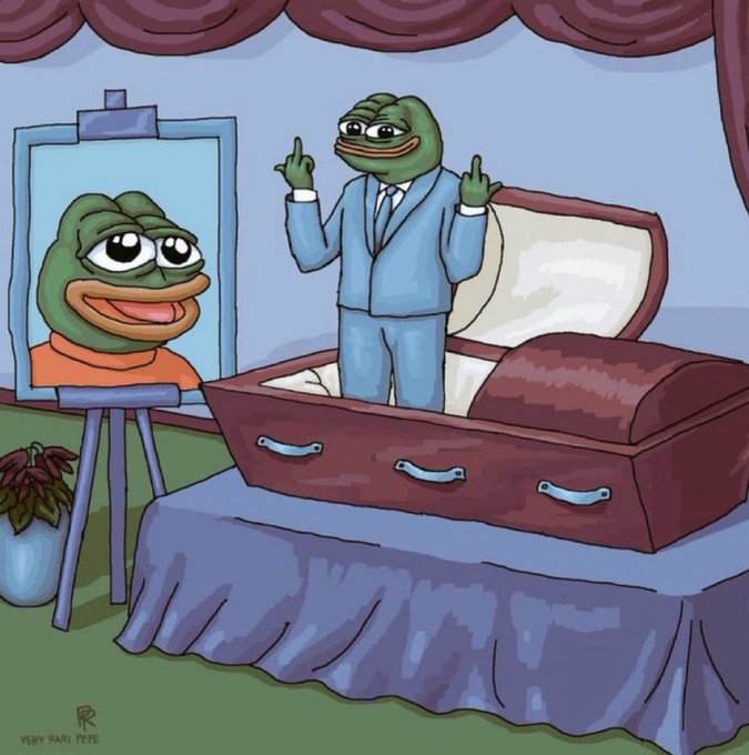 Cartoon illustration of Pepe the Frog standing in a coffin next to a portrait of himself on an easel, with the signature 'VERY RARE PEPE' visible.