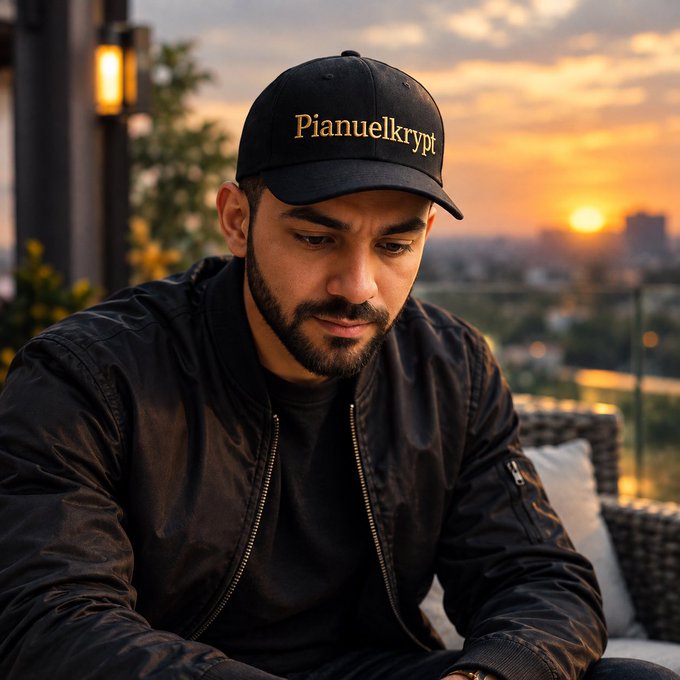 A man with a beard wearing a black cap reading "Pianuelkrypt" and a black bomber jacket, sitting outdoors at sunset.