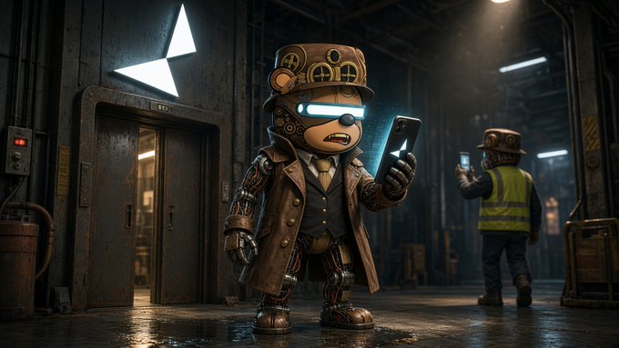 A steampunk-style robotic monkey wearing a brown coat and hat, holding up a smartphone in an industrial setting, with a human worker in a safety vest in the background.