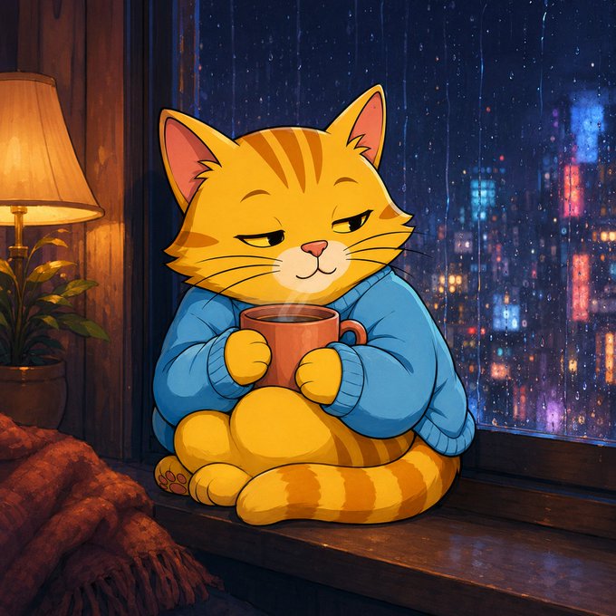 An illustrated orange tabby cat wearing a blue sweater, peacefully holding a warm mug of coffee by a window with rainy city lights in the background.