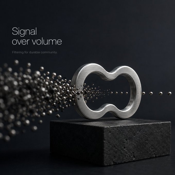 Minimalist dark product shot with the text 'Signal over volume — Filtering for durable community,' featuring a metallic kidney-shaped filter on a stone pedestal.