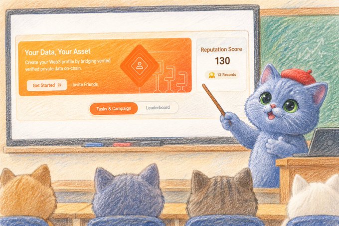 A cartoon image of a cat teacher pointing at a chalkboard displaying a 'Your Data, Your Asset' web3 profile dashboard with a 'Reputation Score 130' to a class of cats.