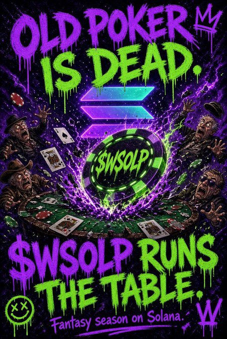 A colorful promotional poster reading 'OLD POKER IS DEAD. $WSOLP RUNS THE TABLE' with a 'Fantasy season on Solana' tagline, featuring illustrated card players around a poker table.