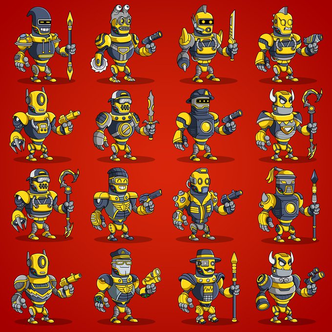 A collection of 16 cartoon-style robot warrior characters arranged in a 4x4 grid on a red background, featuring various designs with weapons like swords, guns, and staffs.