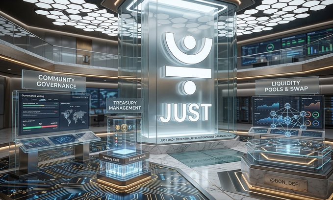 A futuristic digital interface displaying 'JUST DAO - DECENTRALIZED AUTONOMOUS ORGANIZATION' with panels for 'COMMUNITY GOVERNANCE', 'TREASURY MANAGEMENT', and 'LIQUIDITY POOLS & SWAP', labeled '@BON_DEFI'.