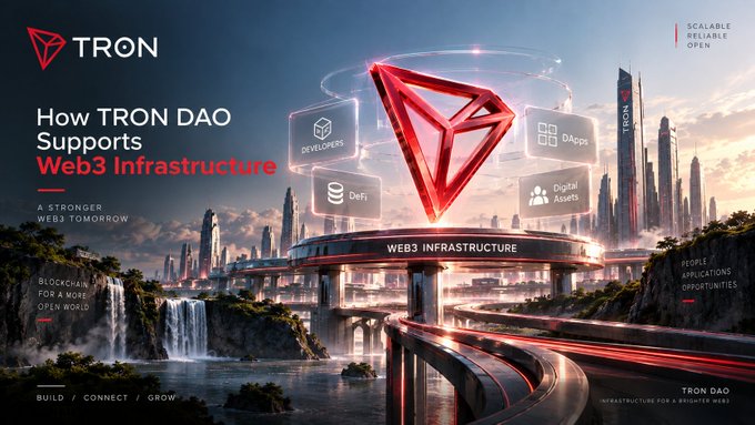 A promotional banner for TRON DAO titled 'How TRON DAO Supports Web3 Infrastructure,' featuring a futuristic cityscape with the TRON logo and tags for DeFi, Developers, Digital Assets, and DApps.