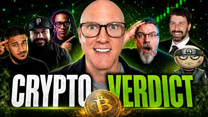 A YouTube thumbnail titled 'CRYPTO VERDICT' features a central bald man with glasses surrounded by five other people, a Bitcoin coin, and a cartoon character with a headband.