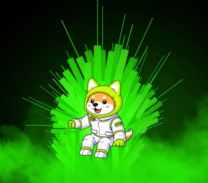 A cartoon Shiba Inu dressed in a green and white astronaut suit strikes a pose against a vibrant green burst background, visually reinforcing the "$ASTEROID" token's "throne" claim with a playful, meme-style flair.