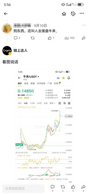 A mobile screenshot shows a cryptocurrency post about '牛米/USDT' (NiM/USDT) with the price at 0.14850 and a line chart displaying an 88.94% price increase over recent days.