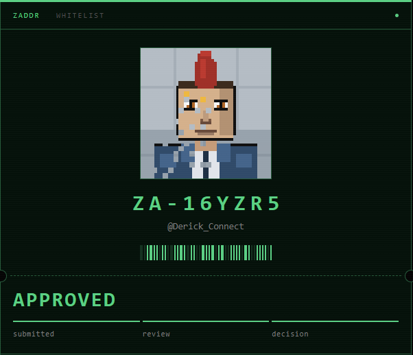 A 'ZADDR WHITELIST' approval screen showing a Minecraft-style avatar with the name 'ZA-16YZR5', handle '@Derick_Connect', and an 'APPROVED' status.