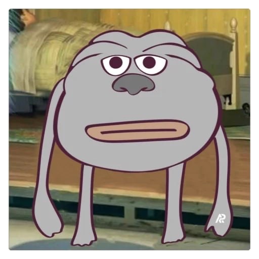 A cartoonish gray character with a grumpy expression, wide mouth, and stubby limbs standing in what appears to be a bedroom, with an 'R' watermark in the bottom right.