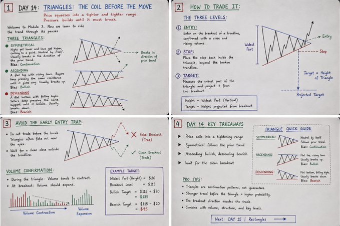 A handwritten cheat sheet titled "DAY 14: TRIANGLES: THE COIL BEFORE THE MOVE" with four quadrants covering symmetrical, ascending, and descending triangles, trading strategies, volume confirmation, and key takeaways, illustrating chart pattern lessons from Module 3 of a Chart Patterns Mastery Course.