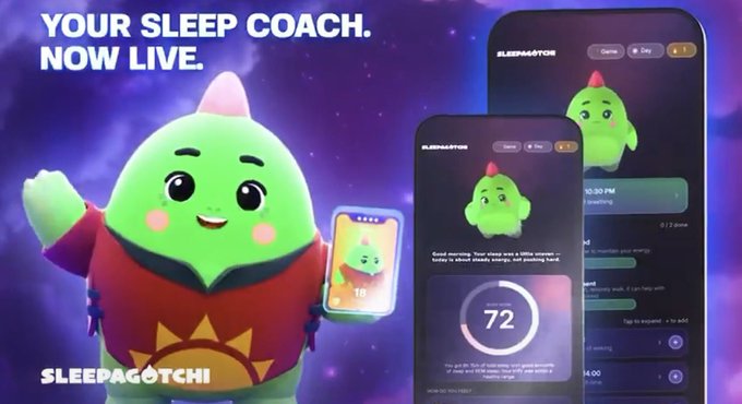 The image features a cartoon character dressed as a green frog holding a cell phone displaying an app called "Your Sleep Coach." The character appears to be waving at the camera while showing off the app, which seems to be related to sleep tracking or monitoring. The background of the image is dark purple with stars and planets, creating a futuristic atmosphere that complements the cartoon character's green frog outfit.