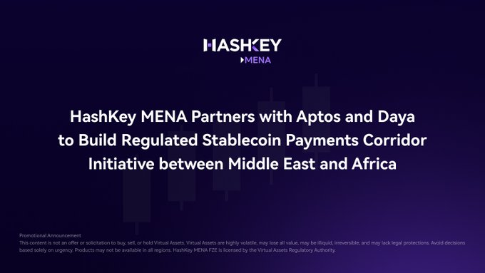 The image features a poster for a project called "HashKey MENA Partners with @Aptos and @Daya_HQ to Build a Regulated Stablecoin Payments Corridor Between the Middle East and Africa". The poster highlights that HashKey is a leading provider of Middle East OTC services, specializing in cryptocurrency trading. They are currently working on a pilot project aimed at building a regulated stablecoin payment corridor between the Middle East and Africa. This initiative will help facilitate cross-border payments and transactions within these regions while ensuring compliance with regulatory requirements.