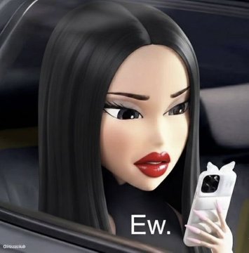 A 3D-rendered cartoon character with long black hair and red lipstick holds a smartphone and says 'Ew.' with a disgusted expression.